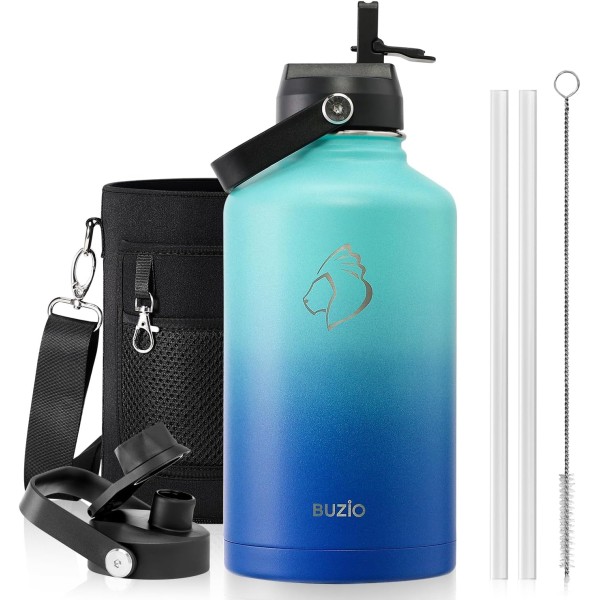 Buzio Duet Series Water Bottle with 2 Lids and Sleeve 1.9Litre, Carribean Blue - X004ONRQI9
