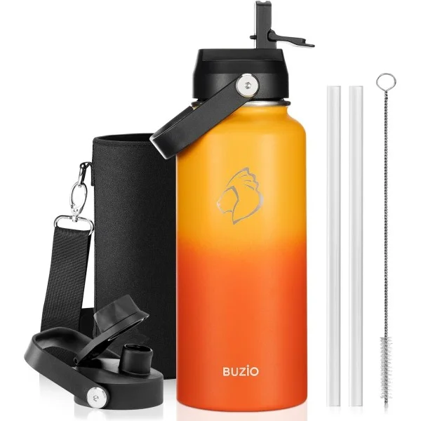 Buzio Duet Series Water Bottle with 2 Lids and Sleeve 1Litre, Yellow Orange - X004ONVQQR
