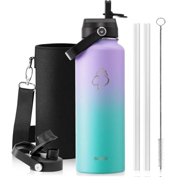Buzio Duet Series Water Bottle with 2 Lids and Sleeve 1.2Litre, Purple Green - X004ONVQT9
