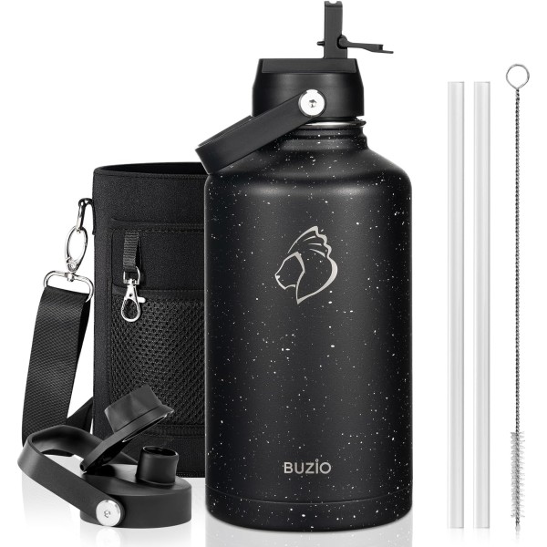 Buzio Duet Series Water Bottle with 2 Lids and Sleeve 1.9Litre, Starry Black - X004ONVQTJ