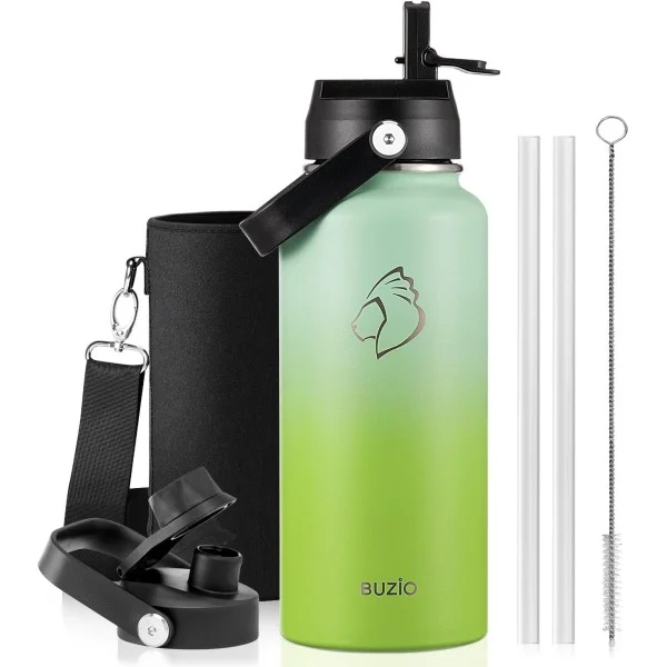 Buzio Duet Series Water Bottle with 2 Lids and Sleeve 1Litre, Gradient Green - X004ONY335