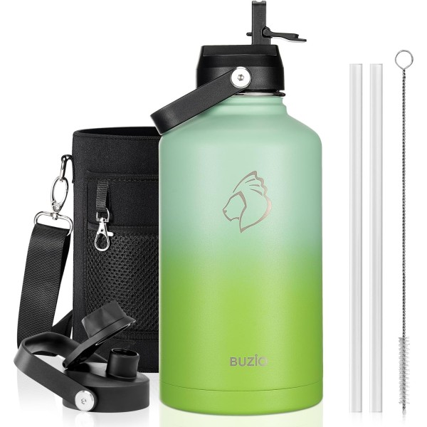 Buzio Duet Series Water Bottle with 2 Lids and Sleeve 1.9Litre, Gradient Green - X004ONYFXX