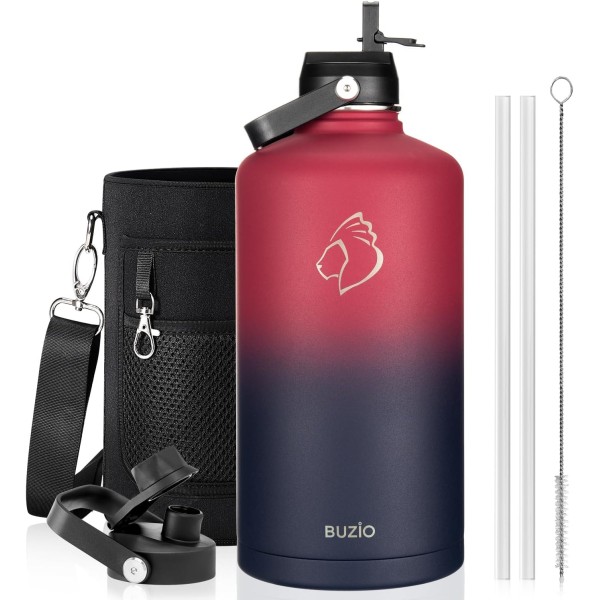 Buzio Duet Series Gallon Bottle with 2 Lids and Sleeve 3.8L, Ruby Red Navy - X004ONYFY7