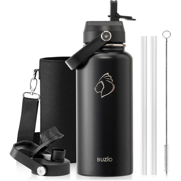 Buzio Duet Series Water Bottle with 2 Lids and Sleeve 1.2Litre, Black - X004ONRNMX