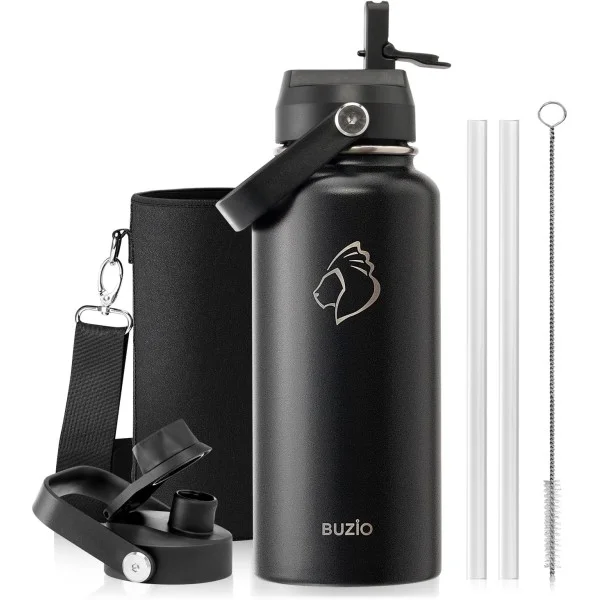Buzio Duet Series Water Bottle with 2 Lids and Sleeve 1Litre, Black - X004ONYG19