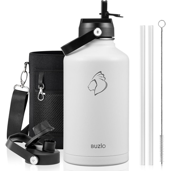 Buzio Duet Series Water Bottle with 2 Lids and Sleeve 1.9Litre, White - X004RQUIBZ
