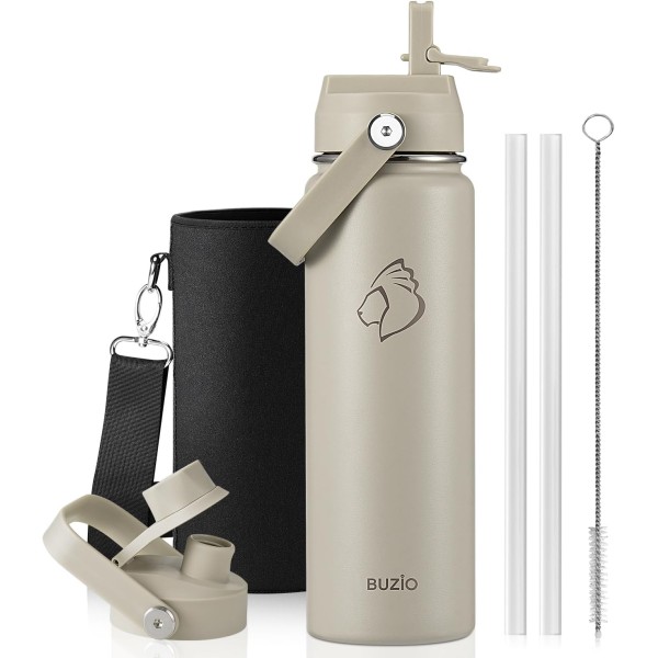 Buzio Duet Series Water Bottle with 2 Lids and Sleeve 700ml, Beige - X004RR91SF