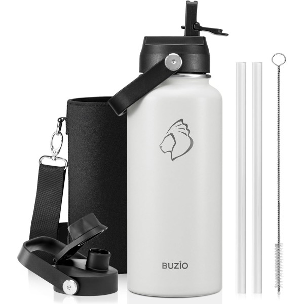 Buzio Duet Series Water Bottle with 2 Lids and Sleeve 1.2Litre, White - X004RRNTVF