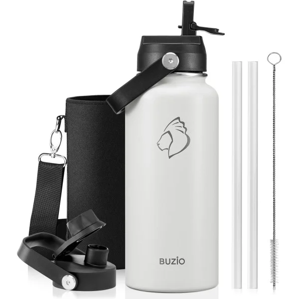 Buzio Duet Series Water Bottle with 2 Lids and Sleeve 1Litre, White - X004RRC9TD