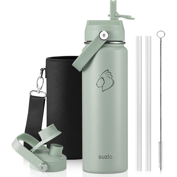 Buzio Duet Series Water Bottle with 2 Lids and Sleeve 700ml, Green - X004RRF7BF
