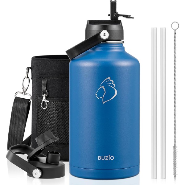 Buzio Duet Series Water Bottle with 2 Lids and Sleeve 1.9Litre, Blue - X004RRFQMF