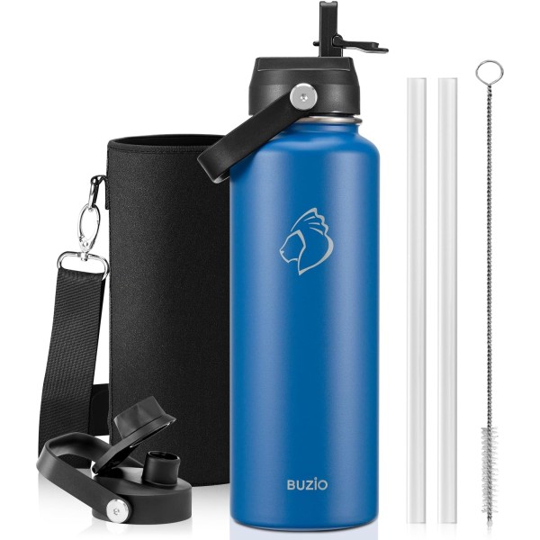 Buzio Duet Series Water Bottle with 2 Lids and Sleeve 1.2Litre, Blue - X004RRGVMJ
