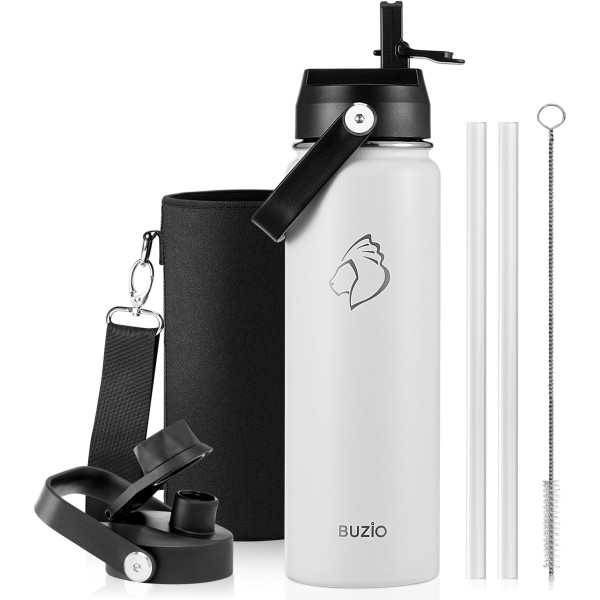 Buzio Duet Series Water Bottle with 2 Lids and Sleeve 700ml, White - X004RRKK3F
