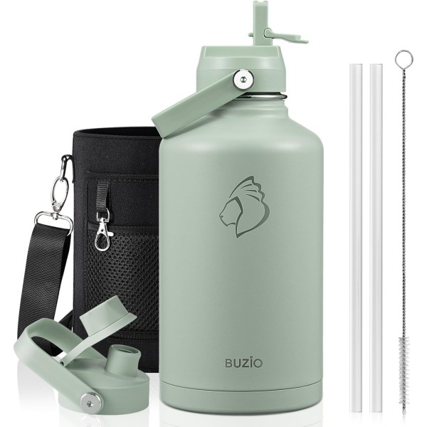 Buzio Duet Series Water Bottle with 2 Lids and Sleeve 1.9Litre, Green - X004RRKNIH