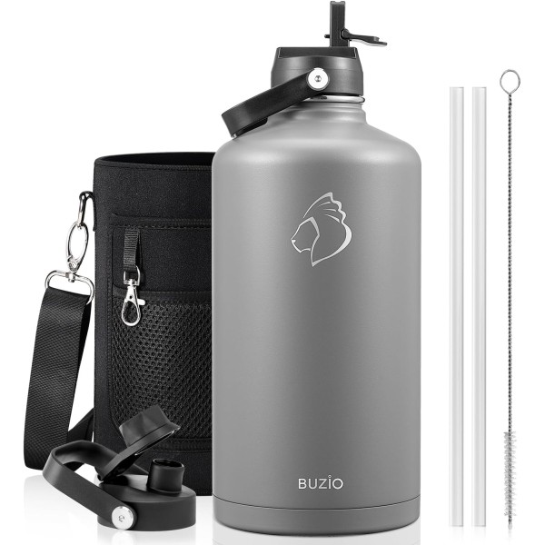 Buzio Duet Series Gallon Bottle with 2 Lids and Sleeve 3.8L, Grey - X004RRKPN5