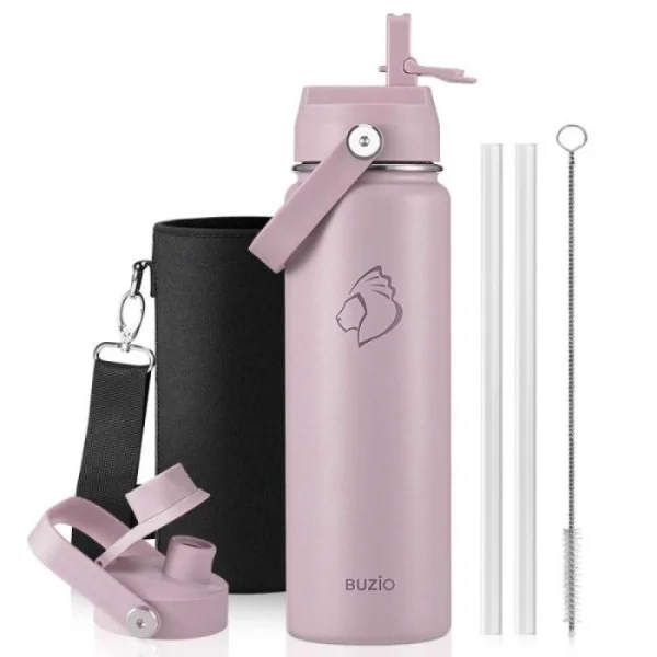 Buzio Duet Series Water Bottle with 2 Lids and Sleeve 700ml, Purple - X004RRKV7F