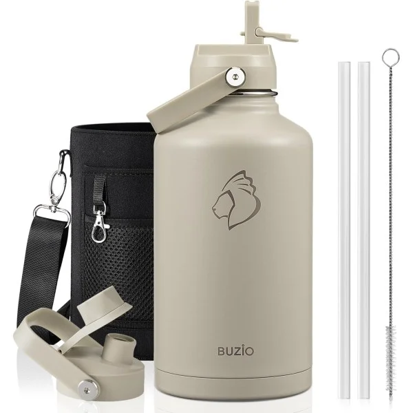 Buzio Duet Series Water Bottle with 2 Lids and Sleeve 1.9Litre, Beige - X004RRL1P1