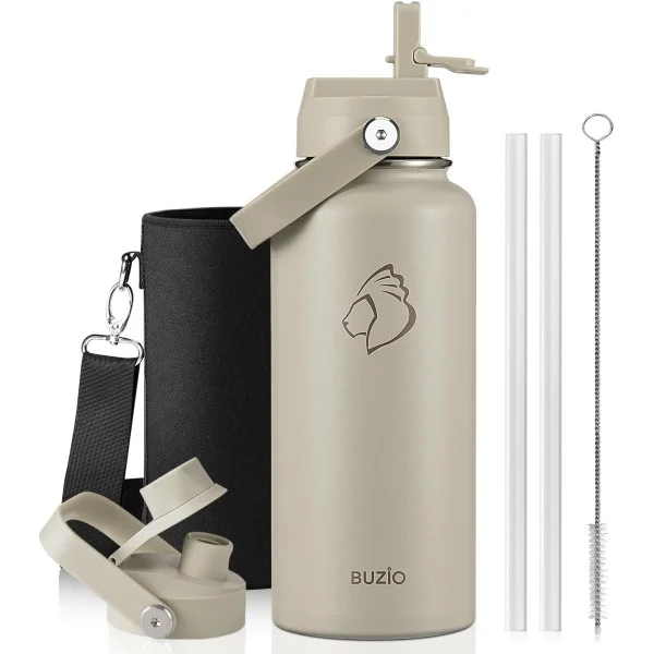 Buzio Duet Series Water Bottle with 2 Lids and Sleeve 1Litre, Beige - X004RRNUDH