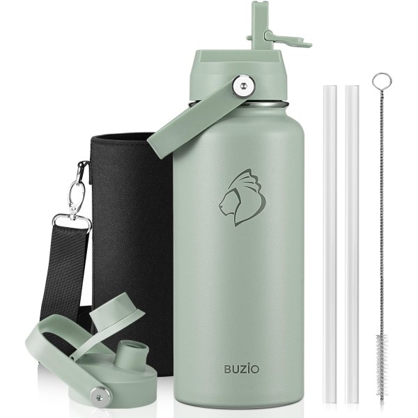 Buzio Duet Series Water Bottle with 2 Lids and Sleeve 1.2Litre, Green - X004RRNN4D