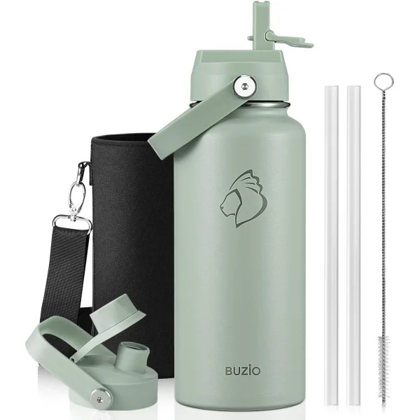 Buzio Duet Series Water Bottle with 2 Lids and Sleeve 1Litre, Green - X004RRR94D