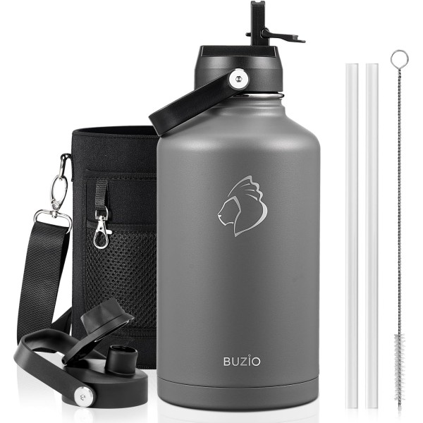 Buzio Duet Series Water Bottle with 2 Lids and Sleeve 1.9Litre, Grey - X004RRT919