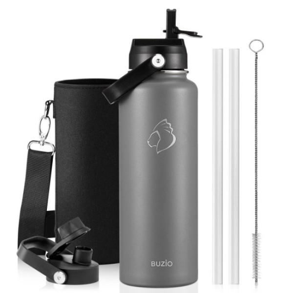 Buzio Duet Series Water Bottle with 2 Lids and Sleeve 1.2Litre, Grey - X004RS1IJT