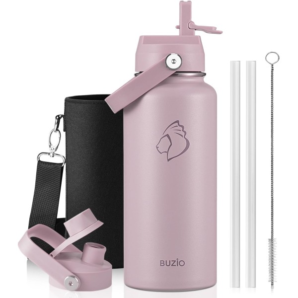 Buzio Duet Series Water Bottle with 2 Lids and Sleeve 1.2Litre, Purple - X004RRQOU3