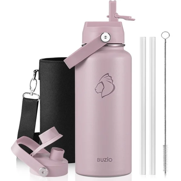 Buzio Duet Series Water Bottle with 2 Lids and Sleeve 1Litre, Purple - X004RS3J69