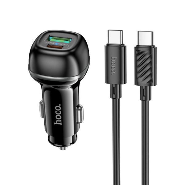 Hoco 48W USB-C PD 30W + USB QC3.0 with Type-C to Type-C Cable Car Charger, Black - Z58A