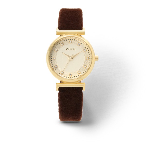 Zyros Golden Dial Velvet Strap Watch for Women - ZAV008L010701