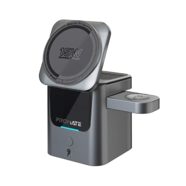 Promate Ultra-Compact Auto-Fold 15W MagSafe Compatible Wireless Charging Station - iDock-Trio