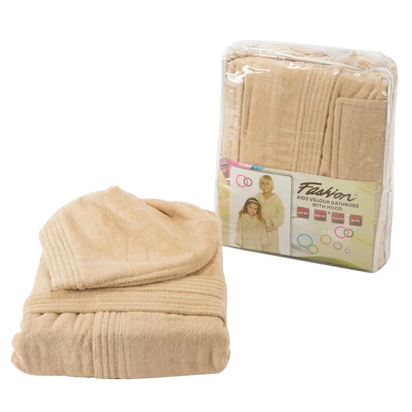 Fashion Velour Children Bathrobe with Hood, M Size, Beige - PA05021-BEG-M