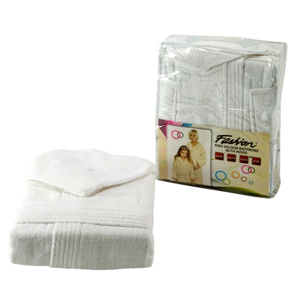 Fashion Velour Children Bathrobe with Hood, M Size, White - PA05021-WHT-M