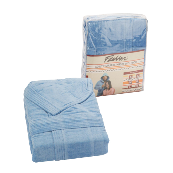 Fashion Velour Cotton Bathrobe with Hood, XL Size, Blue - PA05019-BLU-XL