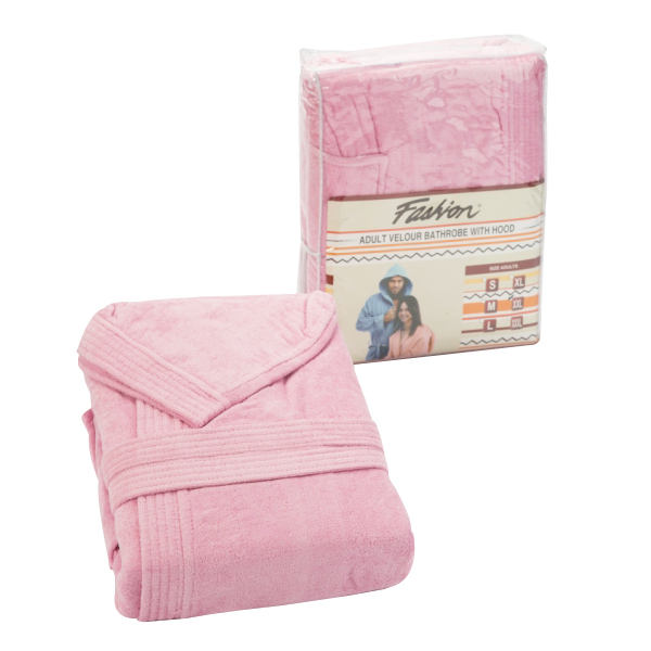 Fashion Velour Cotton Bathrobe with Hood, M Size, Pink - PA05019-PNK-M