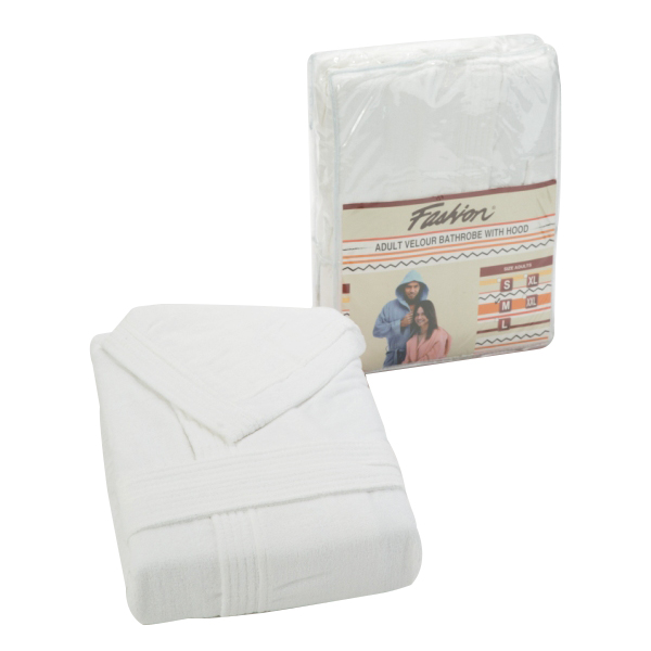 Fashion Velour Cotton Bathrobe with Hood, M Size, White - PA05019-WHT-M