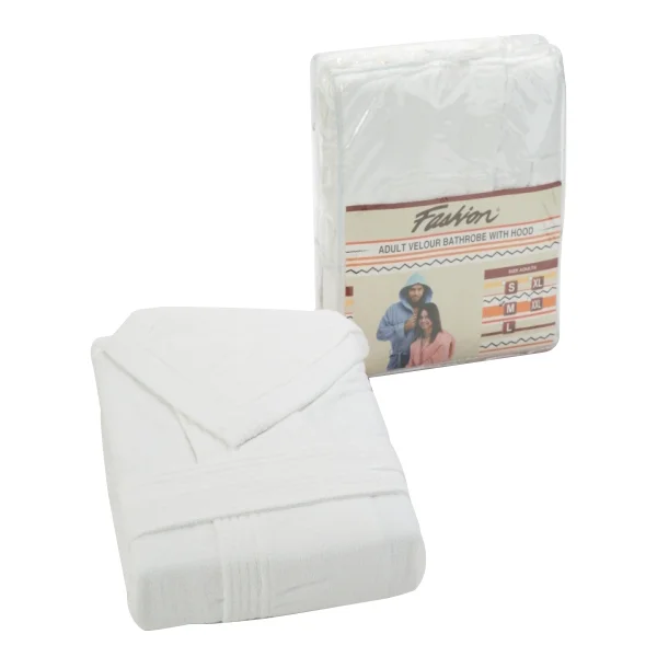 Fashion Velour Cotton Bathrobe with Hood, XL Size, White - PA05019-WHT-XL