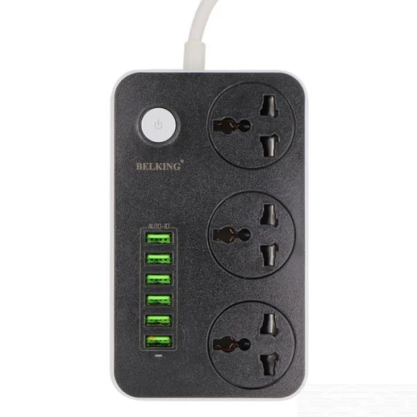Belking 6 Port USB Hub With 3 Power Socket, Black - BK 3604