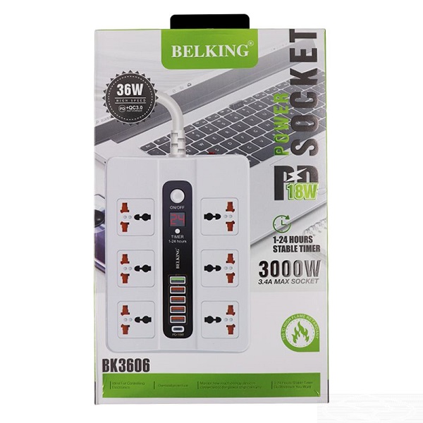 Belking 5-Port USB Hub With 6 Power Socket, White - BK-3606