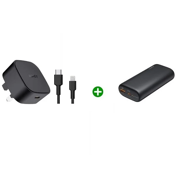 Bundle of 2 Aukey 20W Single Port Charger USB-C to Lightning Cable with 10,000mAh mini Power Bank