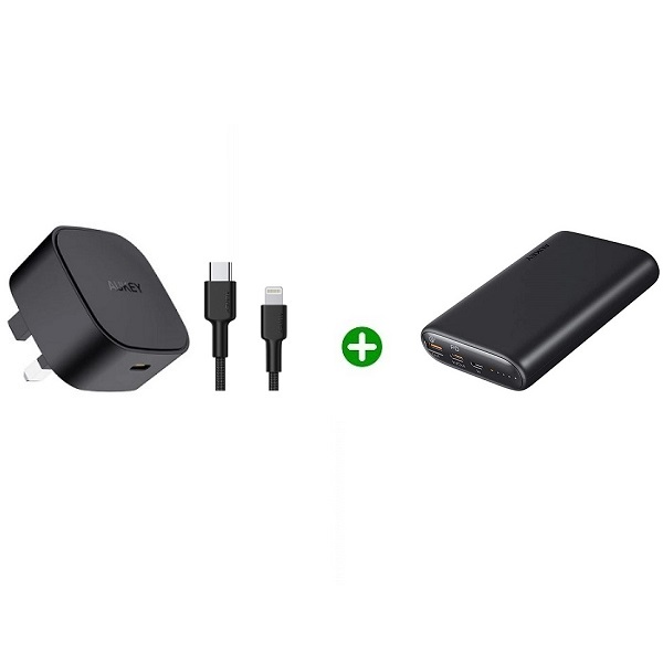 Bundle of 2 Aukey 20W Single Port Charger USB-C to Lightning Cable with 15,000mAh Power Bank
