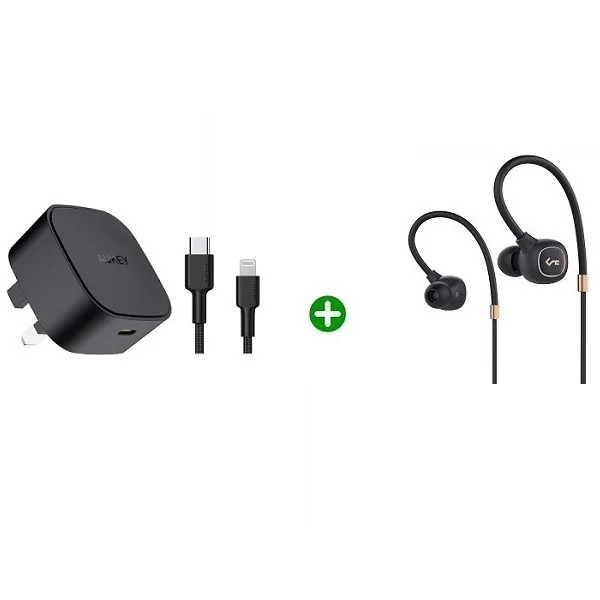 Bundle of 2 Aukey 20W Single Port Charger USB-C to Lightning Cable with Bluetooth Wireless Earbuds