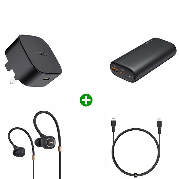 Bundle of 4 Aukey Bluetooth Wireless Earbuds, 20W Single Port Charger,10,000mAh mini Power Bank with USB-C to Lightning Cable