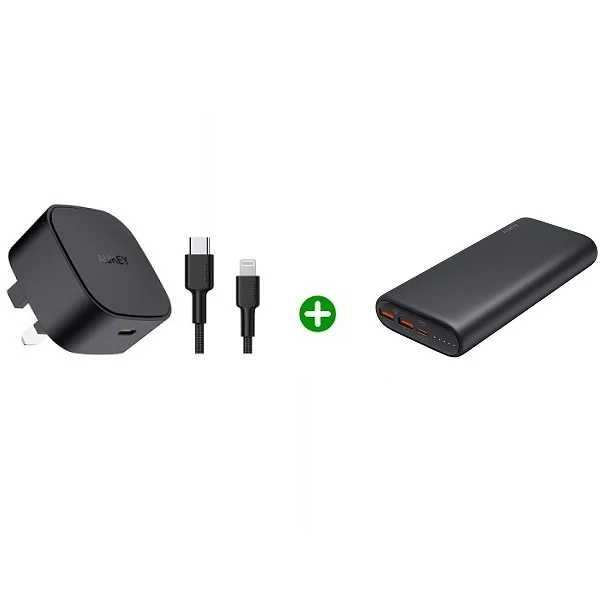 Bundle of 2 Aukey 20W Single Port Charger USB-C to Lightning Cable with 20,000mAh 3-Port Power Bank