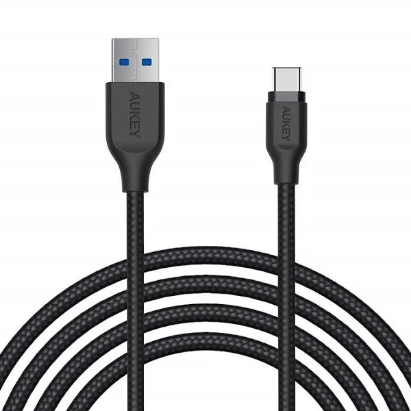 Aukey Braided Nylon USB 3.1 USB A To USB C Cable 2 meter, Black - CB-AC2 BK