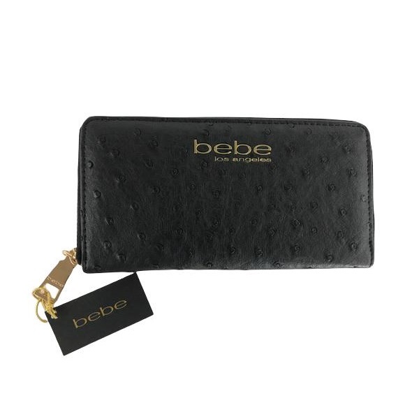 Bebe Clarita Ostrich Zip Around Black Wallet E10-3146O