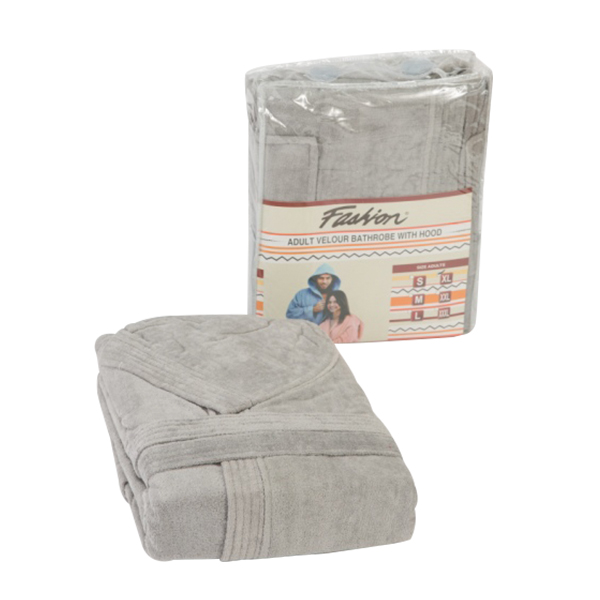 Fashion Velour Cotton Bathrobe with Hood, L Size, Grey - PA05019-GRY-L