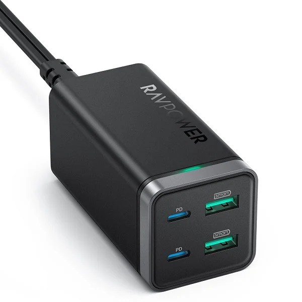 RAVPower PD 65W 4-Port GaN Tech USB C Desktop Charger, Black - RP-PC136