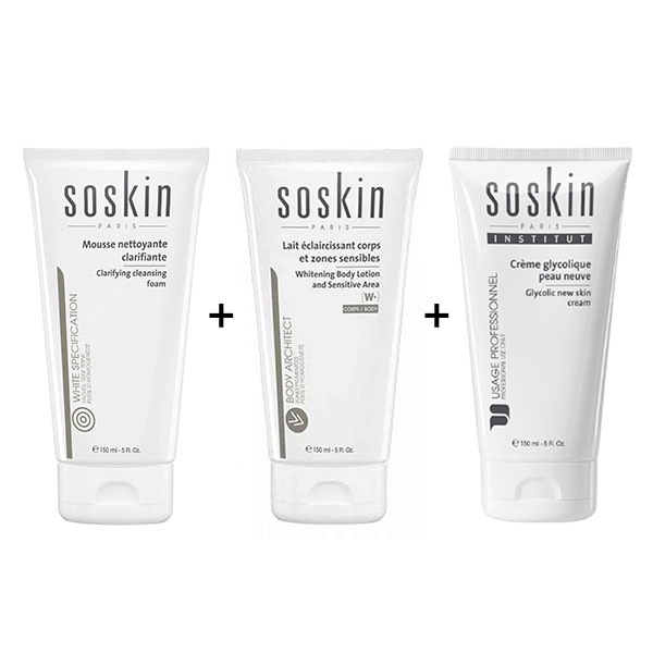 SOSKIN Clarifying Cleansing Foam, 150ml + Whitening Body Lotion & Sensitive Area, 150ml + Glycolic New Skin Cream, 150ml - SOSKIN-BUNDLE2