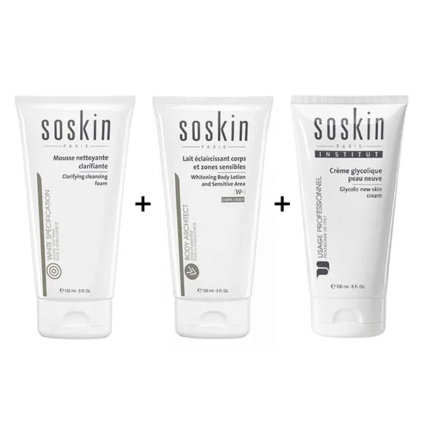 SOSKIN Clarifying Cleansing Foam, 150ml + Whitening Body Lotion & Sensitive Area, 150ml + Glycolic New Skin Cream, 150ml - SOSKIN-BUNDLE2